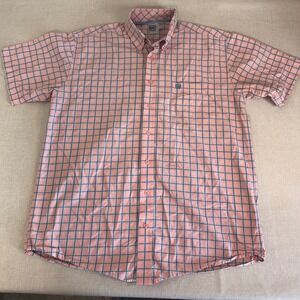 Cinch Mens Short Sleeve Button Down Plaid Western Shirt Salmon Pink Blue Size M